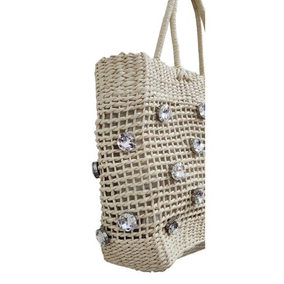 BTB Los Angeles Nancy Tote Straw Bag Crystal Embellished Woven Summer Handbag - Picture 4 of 10